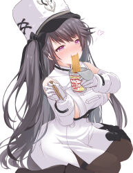 Rule 34 | 1girl, azur lane, bare shoulders, black footwear, black ribbon, blush, boots, breasts, character print, chopsticks, commentary, detached sleeves, dress, eating, food, gloves, hair ribbon, hands up, hat, heart, highres, holding, holding chopsticks, instant ramen, large breasts, long hair, looking at viewer, manjuu (azur lane), mikuchi3939, nissin cup noodle, noodles, nose blush, one side up, pamiat merkuria (azur lane), pantyhose, peaked cap, pink eyes, ramen, ribbon, simple background, sitting, solo, thigh strap, very long hair, wariza, white background, white gloves, white hat