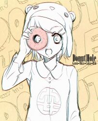 Rule 34 | 1girl, animal hat, bad id, bad tumblr id, bear hat, bonyonyo, character name, chromatic aberration, commentary, donut hole (vocaloid), doodles, doughnut, english commentary, food, hair ornament, hairclip, hat, holding, holding doughnut, holding food, kagamine rin, looking at viewer, looking through doughnut, monochrome, open mouth, orange background, print shirt, shirt, short hair, solo, song name, upper body, vocaloid