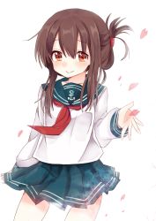 Rule 34 | 10s, 1girl, anchor symbol, bad id, bad pixiv id, black skirt, brown eyes, brown hair, closed mouth, folded ponytail, hair between eyes, highres, inazuma (kancolle), kantai collection, long sleeves, neckerchief, oyu (artist), pleated skirt, school uniform, serafuku, simple background, skirt, smile, solo, white background