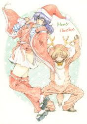 Rule 34 | 1boy, 1girl, ;), animal costume, annoyed, antlers, carrying overhead, christmas, close-up, colored pencil (medium), cosplay, finger to mouth, full body, geta, hat, highres, horns, kigurumi, looking at viewer, merry christmas, one eye closed, parted lips, reindeer costume, sack, santa costume, santa hat, sena youtarou, smile, socks, standing, tabi, traditional media, white legwear