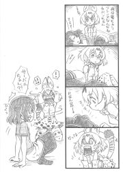 Rule 34 | !, !!, 10s, 2girls, 4koma, animal ears, animal print, bbb (friskuser), blank eyes, bow, bowtie, closed eyes, comic, commentary request, cross-laced clothes, elbow gloves, extra ears, flying sweatdrops, gloves, greyscale, high-waist skirt, highres, holding head, kaban (kemono friends), kemono friends, kneeling, lying, monochrome, mountain, multiple girls, no headwear, on side, open mouth, pantyhose, pantyhose under shorts, resolution mismatch, serval (kemono friends), serval print, serval tail, sharp teeth, shirt, shoes, unworn shoes, short hair, shorts, sitting, skirt, sleeping, sleeveless, sleeveless shirt, smelling, source smaller, spoken exclamation mark, surprised, sweat, sweatdrop, tail, teeth, thighhighs, translation request, tree, zzz