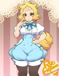 Rule 34 | 1girl, agawa ryou, animal ears, artist name, bad id, bad tumblr id, blonde hair, breasts, brown eyes, hand on own hip, heart, looking at viewer, pantyhose, parted lips, solo, tail, thighs, watermark, web address