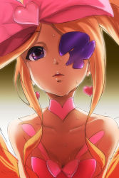 Rule 34 | 10s, 1girl, 71, bare shoulders, blonde hair, blue eyes, bow, breasts, choker, cleavage, close-up, collarbone, drill hair, eyepatch, hair bow, harime nui, heart, kill la kill, lips, long hair, parted lips, pink bow, small breasts, solo, sweat, twin drills, upper body