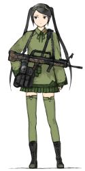 Rule 34 | 1girl, averting eyes, bad id, bad pixiv id, bag, black eyes, black footwear, black gloves, black hair, boots, bullpup, camouflage, cross-laced footwear, explosive, fingerless gloves, full body, gloves, green ribbon, green skirt, green thighhighs, grenade, gun, gun sling, hand on own hip, lace-up boots, long hair, long sleeves, machine gun, mars expedition, military, military uniform, miniskirt, pleated skirt, ribbon, rifle, simple background, skirt, solo, strap, sweater, thighhighs, twintails, uniform, very long hair, weapon, weapon request, white background, y (khakiyawn), yin yang, zettai ryouiki