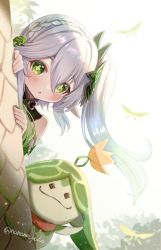 Rule 34 | 1girl, 1other, arm up, artist name, bare shoulders, black eyes, blush, braid, bug, bush, butterfly, butterfly wings, closed mouth, colored skin, detached sleeves, flower, flower-shaped pupils, flying, genshin impact, green eyes, green flower, green skin, grey hair, hair between eyes, hair ornament, hand up, hands up, insect, insect wings, leaf, long hair, long sleeves, looking at viewer, nahida (genshin impact), nanamo yado, open mouth, pointy ears, ponytail, side ponytail, simple background, smile, symbol-shaped pupils, tree, white background, wide sleeves, wings