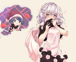 Rule 34 | 2girls, beige background, black capelet, black dress, blob, blue eyes, blue hair, blush, blush stickers, breasts, capelet, chibi, commentary request, cosplay, covered mouth, cowboy shot, datee, doremy sweet, doremy sweet (cosplay), dress, feathered wings, grin, hands up, hat, head rest, heart, highres, kishin sagume, looking at another, medium breasts, multicolored clothes, multicolored dress, multiple girls, nose blush, parted lips, pink eyes, pom pom (clothes), red hat, santa hat, short hair, silver hair, simple background, single wing, smelling, smile, standing, swept bangs, thought bubble, touhou, translation request, trembling, upper body, white dress, white wings, wings, yuri