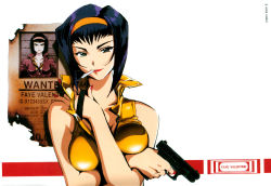 Rule 34 | &gt;:(, 1990s (style), 1girl, angry, bare shoulders, black hair, bob cut, breast hold, breasts, character name, cigarette, cleavage, closed mouth, copyright name, cowboy bebop, crossed arms, damaged, faye valentine, female focus, finger on trigger, fingernails, frown, glock, green eyes, gun, hairband, hand on own shoulder, hand up, handgun, height chart, holding, holding gun, holding weapon, jacket, large breasts, lipstick, long fingernails, looking at viewer, makeup, mouth hold, mugshot, multiple views, nail polish, naughty face, official art, page number, pistol, poster, poster (object), purple hair, red lips, retro artstyle, scan, shiny clothes, shirt, short hair, smile, smoking, stats, strap lift, sweat, unaligned breasts, upper body, v-shaped eyebrows, wanted, weapon, white background, yellow shirt