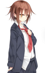 Rule 34 | 10s, 1girl, black skirt, blazer, brown hair, collared shirt, eyes visible through hair, highres, jacket, kantai collection, looking at viewer, necktie, open clothes, open jacket, otokuyou, oversized clothes, school uniform, shirt, short hair, simple background, skirt, sleeves past wrists, solo, untucked shirt, wakaba (kancolle), white background