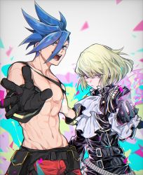 Rule 34 | 2boys, ascot, bad id, bad twitter id, black gloves, black jacket, blue eyes, blue hair, fire, galo thymos, gloves, green hair, jacket, lio fotia, male focus, multiple boys, nisomikomi 0, open mouth, outstretched hand, pants, pectorals, promare, purple eyes, smile, spiked hair, topless male