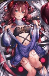 Rule 34 | 1girl, blush, braid, breasts, duel monster, hair ornament, highres, long hair, looking at viewer, medium breasts, midriff, open mouth, purple eyes, red hair, silk, snm (sunimi), solo, spider web, tattoo, traptrix atypus, very long hair, yu-gi-oh!