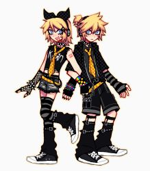 Rule 34 | 1boy, 1girl, arm warmers, blonde hair, blue eyes, blush, bracelet, brother and sister, chain, clothes writing, collar, commentary, english commentary, english text, fishnet gloves, fishnets, gloves, headband, headphones, highres, jacket, jewelry, kagamine len, kagamine rin, keropluvia, korn (band), leg warmers, midriff, nail polish, necktie, open mouth, ponytail, shirt, shoes, short ponytail, shorts, siblings, smile, sneakers, spiked bracelet, spiked collar, spikes, striped, t-shirt, tattoo, thighhighs, torn clothes, torn legwear, torn shorts, transgender flag, twins, vocaloid, white background, yellow necktie
