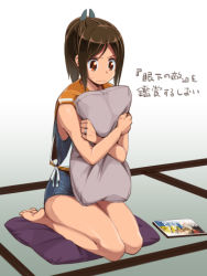 Rule 34 | 10s, 1girl, bare shoulders, barefoot, blush, brown hair, hug, i-401 (kancolle), jewelry, kantai collection, hugging object, one-piece swimsuit, open mouth, pillow, pillow hug, ponytail, ring, sailor collar, school swimsuit, school uniform, seiza, shiden (sashimi no wife), short hair, short ponytail, sitting, smile, solo, swimsuit, swimsuit under clothes, tan, translation request, wedding band