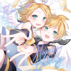 Rule 34 | 1boy, 1girl, black sailor collar, black shorts, black sleeves, blonde hair, blue eyes, blush, brother and sister, character name, commentary request, crop top, detached sleeves, feathered wings, forehead, hair ornament, hair ribbon, hairclip, happy birthday, kagamine len, kagamine rin, kuroi (liar-player), midriff, nail polish, orange nails, puffy short sleeves, puffy sleeves, ribbon, sailor collar, sailor shirt, shirt, short sleeves, shorts, siblings, simple background, sleeveless, sleeveless shirt, twins, twitter username, v, vocaloid, white background, white ribbon, white shirt, white wings, wide sleeves, wings