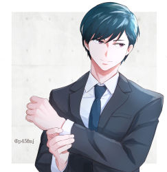 Rule 34 | 1boy, artist name, black suit, brown eyes, formal, green hair, highres, light smile, long sleeves, necktie, p45fmj, ryman&#039;s club, shiratori mikoto (ryman&#039;s club), short hair, simple background, solo, suit, upper body