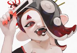 Rule 34 | 1girl, :d, asymmetrical hair, bare shoulders, black hair, black lips, cephalopod eyes, colored skin, eyeshadow, fangs, flower, hair flower, hair ornament, hair over one eye, hair stick, hand up, highres, horizontal pupils, lipstick, long hair, looking at viewer, makeup, mepo 1, multicolored hair, multicolored skin, nintendo, octoling, official alternate costume, open mouth, red eyes, red eyeshadow, red flower, red hair, red pupils, red skin, red trim, shiver (splatoon), short eyebrows, simple background, smile, solo, spider lily, splatoon (series), splatoon 3, suction cups, tentacle hair, tongue, tongue out, two-tone hair, two-tone skin, upper body, white background