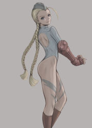 Rule 34 | 1girl, absurdres, ahoge, back cutout, blonde hair, blue eyes, boots, braid, cammy white, camouflage, capcom, closed mouth, clothing cutout, commentary request, facial scar, fingerless gloves, from side, garrison cap, gloves, hat, highleg, highleg leotard, highres, knee boots, leotard, lips, long hair, long sleeves, looking at viewer, red gloves, ribbed leotard, scar, scar on cheek, scar on face, shadaloo dolls, simple background, street fighter, street fighter zero (series), thighs, turtleneck, twin braids, twintails, tyanoki