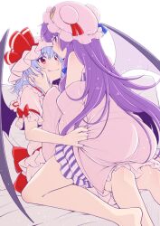 Rule 34 | 2girls, ascot, ass, bat wings, blue hair, blush, bow, crescent, crescent hair ornament, crescent hat ornament, dress, eichi yuu, embodiment of scarlet devil, hair bow, hair ornament, hat, hat ornament, hat ribbon, long hair, mob cap, multiple girls, partially undressed, patchouli knowledge, puffy sleeves, purple eyes, purple hair, red ascot, red eyes, remilia scarlet, ribbon, short hair, short sleeves, sitting, sitting on person, smile, striped clothes, striped dress, touhou, wings, yuri