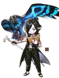 Rule 34 | 1boy, alternate universe, black hair, book, cane, devil may cry (series), devil may cry 5, final fantasy, final fantasy xiv, full-body tattoo, griffon (devil may cry 5), highres, holding, holding cane, lalafell, monster, sandals, simple background, smile, tattoo, v (devil may cry), wuliu heihuo