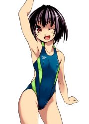 Rule 34 | 1girl, armpits, black hair, bosshi, competition swimsuit, covered erect nipples, cowboy shot, flat chest, one-piece swimsuit, original, red eyes, short hair, simple background, solo, swimsuit, white background, yu (bosshi)