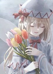 Rule 34 | 1girl, artist name, blonde hair, capelet, closed eyes, dress, fairy, fairy wings, flower, fuduki., hair between eyes, hat, highres, holding, holding flower, lily white, long hair, long sleeves, open mouth, pink flower, red flower, signature, solo, touhou, upper body, wet, white capelet, white dress, white flower, white hat, wings, yellow flower