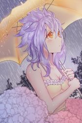 Rule 34 | 1girl, bad id, bad pixiv id, blue hair, breasts, cleavage, collarbone, dress, fairy tail, flower, from side, highres, holding, holding umbrella, hydrangea, levy mcgarden, lium, long hair, looking up, orange eyes, outdoors, rain, signature, sleeveless, sleeveless dress, small breasts, solo, spiked hair, standing, sundress, tree, umbrella, upper body, yellow dress, yellow umbrella