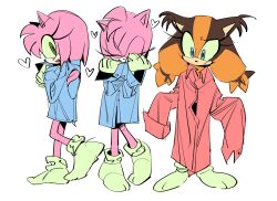 Rule 34 | 2girls, :/, amy rose, animal nose, back cutout, bare back, blue eyes, blue pajamas, blue skirt, borrowed clothes, brown fur, closed eyes, clothing cutout, confused, gloves, green eyes, green gloves, green socks, happy, heart, hedgehog ears, hedgehog tail, highres, loose clothes, loose socks, low twintails, mojunpwo, multiple girls, oversized clothes, pajamas, pink fur, pink hair, red pajamas, red shirt, shirt, short hair, shoulder blades, skirt, sleepwear, sleeves past fingers, sleeves past wrists, socks, sonic (series), sonic boom (series), sticks the badger, twintails