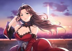 Rule 34 | 1girl, absurdres, adjusting hair, ahoge, balcony, bare shoulders, blush, breasts, brooch, brown hair, chinese commentary, cleavage, cloud, collar, commentary request, corset, da-cart, detached sleeves, dorothea arnault, dress, earrings, fire emblem, fire emblem: three houses, forehead, frilled sleeves, frills, green eyes, hand in own hair, hand up, highres, jewelry, large breasts, light particles, lips, long hair, long sleeves, looking at viewer, nintendo, parted lips, piercing, red dress, sky, solo, sunrise, upper body, wide sleeves