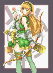 Rule 34 | 1girl, armor, blonde hair, blush, bow (weapon), breastplate, breasts, closed mouth, cowboy shot, culdcept, dress, earrings, elf, faulds, flower, from behind, graphite (medium), green dress, green eyes, hairband, holding, holding bow (weapon), holding weapon, jewelry, kigi, long hair, looking at viewer, looking back, low-tied long hair, medium breasts, pointy ears, quiver, short dress, sleeveless, sleeveless dress, smile, solo, thighhighs, toshi, traditional media, vambraces, very long hair, weapon