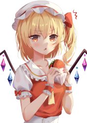 Rule 34 | 1girl, ^^^, arms up, ascot, bad id, bad pixiv id, blonde hair, blush, burger, collarbone, commentary request, fingernails, flandre scarlet, food, food on face, hair between eyes, hat, hat ribbon, holding, holding food, light blush, looking at viewer, mob cap, nail polish, one side up, partial commentary, puffy short sleeves, puffy sleeves, red eyes, red nails, red vest, ribbon, shaffelli, shirt, short hair, short sleeves, sidelighting, simple background, solo, touhou, triangle mouth, upper body, vest, white background, white hat, white shirt, wings, wrist cuffs, yellow ascot