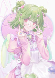 Rule 34 | 1girl, apron, artist name, bandaid, blush, bow, broken heart, buttons, chain, collar, collared shirt, crack, crescent moon, dress, facial scar, fake wings, frilled apron, frills, gem, green bow, green hair, hair between eyes, hair intakes, hair ornament, hand on own face, hat ornament, heart, heart background, heart button, heart hair, heart hair ornament, highres, jewelry, juliet sleeves, lightning, long sleeves, middle finger, moon, nail art, nail polish, original, pink bow, pink collar, pink dress, pink eyes, pink nails, pink neckwear, puffy sleeves, razor blade, ring, scar, scar on cheek, scar on face, scrunchie, shiny clothes, shirt, short hair, sleeves past wrists, smile, star (symbol), star hat ornament, two side up, unbuttoned, unxi, wings