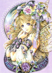 Rule 34 | 1girl, purple gemstone, birthstone, blonde hair, fairy, flower, gem, highres, jewelry, nao tsukiji, purple eyes, solo, wings