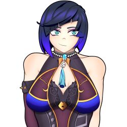Rule 34 | 1girl, absurdres, bare shoulders, black hair, blue hair, breasts, cleavage, diagonal bangs, genshin impact, green eyes, highres, holding dice, large breasts, looking up, makeup, mole, mole on breast, multicolored hair, non-web source, short hair, simple background, smile, solo, white background, yelan (genshin impact)
