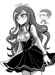 1boy 1girl breasts closed_eyes commentary_request cowboy_shot danganronpa_(series) danganronpa_v3:_killing_harmony dress glasses greyscale hat jacket large_breasts long_hair long_sleeves mako_gai monochrome neck_ribbon pinafore_dress ribbon saihara_shuichi shirogane_tsumugi shirt simple_background sleeveless_dress smile solo_focus