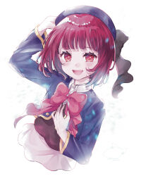 Rule 34 | 1girl, absurdres, arima kana, beret, black sweater vest, blue hat, bob cut, hat, hat ribbon, highres, inverted bob, looking at viewer, open mouth, oshi no ko, red eyes, red hair, ribbon, school uniform, short hair, simple background, skirt, smile, solo, sweater vest, upper body, white background, wsakuraw, youtou high school uniform