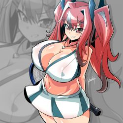 Rule 34 | 1girl, arms behind back, azur lane, bare shoulders, blush, breasts, bremerton (azur lane), bremerton (scorching-hot training) (azur lane), collarbone, commentary request, covered erect nipples, cowboy shot, crop top, drop shadow, from above, green skirt, grey background, grey hair, grin, groin, hair between eyes, hair intakes, hair ornament, hairclip, heart, heart necklace, highres, holding, holding racket, jewelry, kouichi (kouichi-129), large breasts, long hair, looking at viewer, midriff, mole, mole under eye, multicolored hair, navel, necklace, pink eyes, pink hair, racket, shirt, sidelocks, sideways mouth, signature, skirt, sleeveless, sleeveless shirt, smile, sportswear, standing, streaked hair, tennis racket, tennis uniform, twintails, two-tone hair, two-tone skirt, white skirt, zoom layer