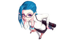 Rule 34 | 1girl, adjusting eyewear, alternate costume, blue hair, blurry, braid, breasts, collared shirt, depth of field, from above, glasses, gun, highres, hiragana oufu, jinx (league of legends), league of legends, looking at viewer, name tag, office lady, pencil skirt, purple eyes, shirt, simple background, skirt, small breasts, smile, solo, twin braids, weapon, white background