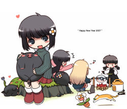 Rule 34 | 00s, 2007, 4girls, ^^^, animal, arms up, black hair, blonde hair, blush, blush stickers, boar, campfire, cat, cooking, creature, fire, flower, fork, from behind, full body, grass, heart, holding, hood, hoodie, long hair, long sleeves, looking at viewer, multiple girls, nakopapa, new year, open mouth, original, pig, plant, plate, ponytail, pot, potted plant, ribbed sweater, rock, saliva, simple background, sitting, smile, squatting, sweat, sweater, turtleneck, wide hips