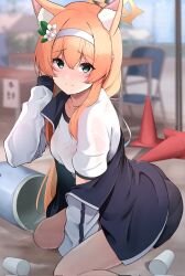 Rule 34 | 1girl, animal ear fluff, animal ears, black shorts, blue archive, blue eyes, blurry, blurry background, blush, breasts, closed mouth, cup, flower, gym shirt, gym uniform, hair between eyes, hair flower, hair ornament, hairband, highres, jacket, long hair, long sleeves, looking at viewer, mari (blue archive), mari (track) (blue archive), orange hair, see-through, see-through shirt, sezok, shirt, shorts, small breasts, solo, track jacket, wet, wet clothes, wet shirt, white flower, white hairband, white shirt