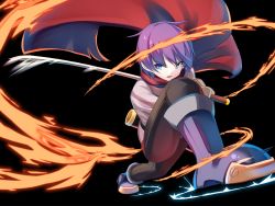 Rule 34 | 1boy, black background, blue eyes, boots, cape, embers, luka (mon-musu quest!), mon-musu quest!, mon-musu quest: paradox, open mouth, purple hair, shiki (psychedelic g2), short hair, simple background, solo, sword, weapon