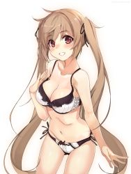 Rule 34 | 10s, 1girl, :d, alternate costume, artist name, black ribbon, blush, bra, breasts, brown eyes, brown hair, cleavage, collarbone, cowboy shot, grin, hair ribbon, hand on own chest, kantai collection, lingerie, long hair, looking at viewer, medium breasts, murasame (kancolle), navel, open mouth, panties, red eyes, ribbon, shirokitsune, side-tie panties, simple background, smile, solo, standing, tareme, teeth, twintails, underwear, underwear only, very long hair, white background, white bra, white panties