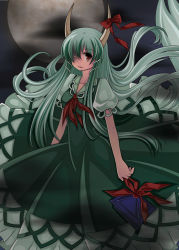 Rule 34 | 1girl, aoilio, bad id, bad pixiv id, bow, cloud, dark clouds, darkness, ex-keine, female focus, hat, unworn hat, unworn headwear, holding, holding clothes, holding hat, horns, kamishirasawa keine, long hair, one-eyed, red eyes, ribbon, silver hair, smile, solo, tail, touhou