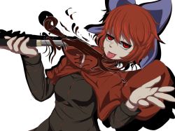 Rule 34 | 1girl, bags under eyes, black shirt, blue bow, bow, cloak, disembodied head, dullahan, epic armageddon, hair bow, half-closed eyes, highres, holding, holding knife, knife, long sleeves, looking at viewer, open hand, red cloak, red eyes, red hair, sekibanki, shirt, short hair, simple background, smile, smoke, solo, tongue, tongue out, touhou, white background