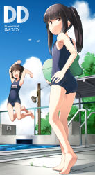 Rule 34 | 1girl, alternate hairstyle, ass, barefoot, black hair, black one-piece swimsuit, blue sky, blunt bangs, blurry, brown eyes, brown hair, chain-link fence, closed eyes, cloud, day, depth of field, diving board, fence, from behind, full body, hatsuyuki (kancolle), highres, jumping, kantai collection, kickboard, long hair, looking back, miyuki (kancolle), one-piece swimsuit, outdoors, ponytail, pool, pool ladder, poolside, sakura (medilore), school swimsuit, short hair, sky, solo, solo focus, standing, starting block, swimsuit