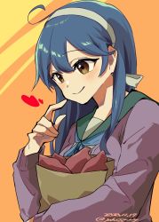Rule 34 | 1girl, ahoge, bag, blue hair, blue sailor collar, blush, breasts, brown eyes, dated, food, green sailor collar, hair between eyes, headband, heart, highres, holding, holding bag, johssnny, kantai collection, long hair, long sleeves, sailor collar, simple background, smile, solo, sweet potato, twitter username, upper body, ushio (kancolle), vegetable, white headband