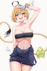 1girl :d absurdres ahoge arm_up armpits bandeau bare_arms bare_shoulders black_shorts blonde_hair breasts collarbone cowboy_shot dooby_(vtuber) gloves green_eyes highres indie_virtual_youtuber large_breasts looking_at_another midriff mole mole_on_thigh navel open_mouth overall_shorts overalls short_hair shorts smile solo standing stomach strapless tail thighs tube_top underboob virtual_youtuber white_gloves yubbiidraw