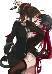 2girls black_hair black_jacket black_necktie blunt_bangs blush brown_thighhighs eye_contact grin hair_between_eyes highres holding holding_removed_eyewear jacket jane_doe_(zenless_zone_zero) long_hair looking_at_another mouse_girl mouse_tail multicolored_hair multiple_girls necktie orange_hair parted_lips ponytail purple_lips red_hair rekka restrained shirt sidelocks simple_background smile streaked_hair sweatdrop tail thighhighs thighs two-tone_hair unworn_eyewear white_background yuri zenless_zone_zero zhu_yuan