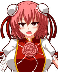 Rule 34 | 1girl, blush, breasts, cropped arms, flower, hair between eyes, hat, ibaraki kasen, kinagi yuu, large breasts, looking at viewer, multicolored clothes, multicolored hair, open mouth, red eyes, red hair, rose, shadow, short hair, short sleeves, simple background, solo, touhou, two-tone hair, white background