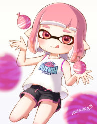 Rule 34 | 1girl, 2021, :q, arms up, barefoot, black shorts, dated, eyebrows, highres, hinasuzu69, inkling, inkling girl, inkling player character, leg up, nintendo, pink eyes, pink hair, pointy ears, print shirt, shirt, short hair, short shorts, shorts, simple background, sleeveless, sleeveless shirt, smile, solo, splatoon (series), splatoon 2, standing, standing on one leg, tentacle hair, thighs, tongue, tongue out, water balloon, white background, white shirt