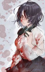Rule 34 | alice (sinoalice), blood, blood on arm, blood on clothes, blood splatter, blouse, closed mouth, hair over one eye, headphones, headphones around neck, looking at viewer, red eyes, school uniform, shirt, shirt tucked in, sinoalice, sketch, smile, solo, teroru, white shirt, yandere