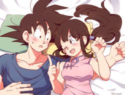 Rule 34 | 1boy, 1girl, artist name, black hair, blush, breasts, chi-chi (dragon ball), china dress, chinese clothes, dragon ball, dragonball z, dress, husband and wife, long hair, on bed, one eye closed, open mouth, pillow, ponytail, short hair, simple background, smile, son goku, sweatdrop, tkgsize, wink